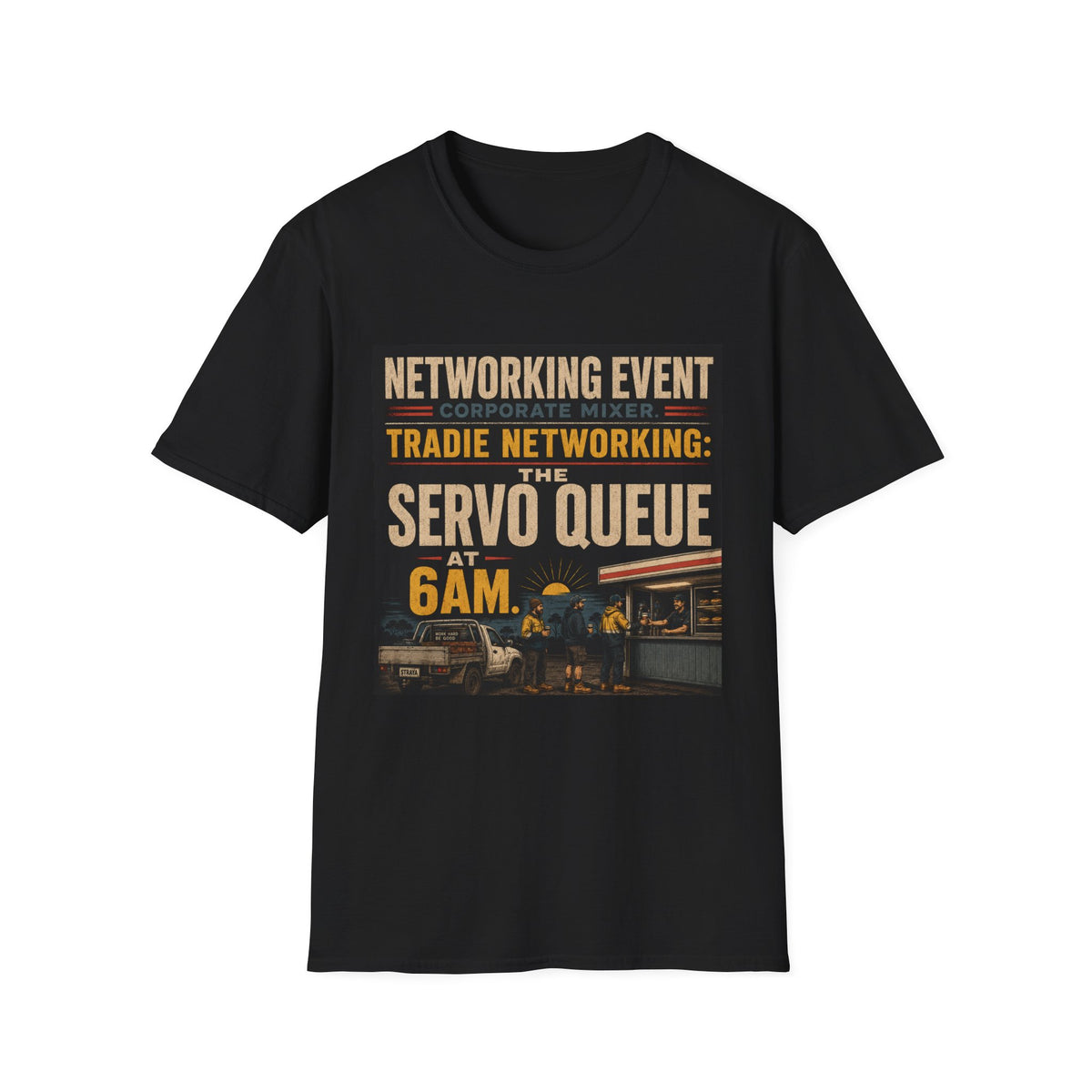 T-Shirt - "Tradie Networking: The Servo Queue at 6AM" Retro Service Station Graphic